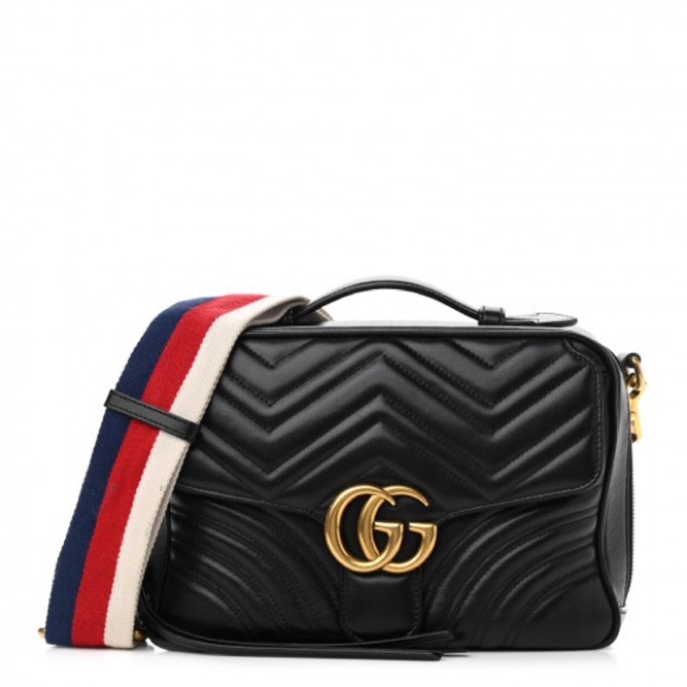 Calfskin Matelasse Sylvie Web Small GG Marmont Top Handle Shoulder Bag Black